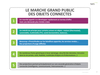 Un intérêt de principe pour certains univers et objets : maison (thermostat),
automobile, multimédia (TV), santé (tensiomètre, balance)…
De nombreux freins génériques à lever (piratage, sécurité des données, intrusion
dans la vie privée, coût, fiabilité, multitude d’objets et d’informations…)
16
LE MARCHE GRAND PUBLIC
DES OBJETS CONNECTES
© Harris Interactive
Un marché appelé à se développer rapidement en termes d’offre
mais une demande plus timide à date
Beaucoup d’incertitudes sur les bénéfices apportés, les services rendus….
Des projections d’usage difficiles
Des projections portant principalement sur une seconde génération d’objets
connectés (intelligents, communicants, interconnectés…)
1
2
3
4
5
 