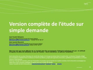 Version complète de l’étude sur
simple demande
Jean-Faustin Betayene
Directeur Département Quali & Expert Digital
jfbetayene@harrisinteractive.fr +33(0)1 44 87 60 37
Jean-Laurent Bouveret
Directeur Département NetObserver & Expert Digital
jlbouveret@harrisinteractive.fr 33(0)1 44 87 60 57
Merci de noter que toute diffusion de ces résultats doit être accompagnée d'éléments techniques tels que : la méthode
d'enquête, les dates de réalisation, le nom de l'institut – Harris Interactive-, la taille de l'échantillon.
Harris Interactive est un acteur historique du marché des études et le Groupe est présent dans le monde entier. La structure française, dirigée
par ses fondateurs Nathalie Perrio-Combeaux et Patrick Van Bloeme, propose des approches innovantes, qualitatives et quantitatives, en France
comme à l’international.
Animé par l’énergie de la passion, porté par l’innovation et convaincu que le marché est en pleine mutation, Harris Interactive accompagne ses
clients face à leurs nouveaux challenges et repense avec eux le métier des études.
Suivez l'actualité de Harris Interactive sur www.harrisinteractive.fr, Facebook, Twitter et LinkedIn.
18© Harris Interactive
 