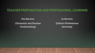 TEACHER PREPARATION AND PROFESSIONAL LEARNING
In-Service
(District Professional
Learning)
Pre-Service
(University and Teac...