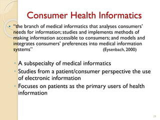 Consumer Health Informatics Examples Comprehensive Overview of Health Informatics and Its Domains | PDF