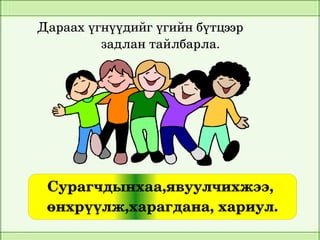 Дараах үгнүүдийг үгийн бүтцээр
                      задлан тайлбарла.




     Сурагчдынхаа,явуулчихжээ, 
     өнхрүүлж,харагдана, хариул.
                         
 