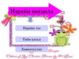 Нэрийн нөхцөлд


        Нэрийн тоо


       Тийн ялгал


       Хамаатуулах
                  
 