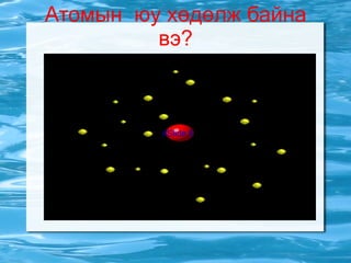 Атомыг б ү рд үү лэгч  ү ндсэн  хэсг үү д Эгэл б өө мс Тэмдэглэгээ Харьцангуй масс Цэнэг Атомын  ц ө м Протон +1P 1 #Slide 6 1 м.а.н. Эерэг / + / Нейтрон 0n1 1 м.а.н. Цэнэгг ү й  /0/ Электрон б ү рх үү л Электрон е 1/ 1840 м.а.н. С ө р ө г / - / 