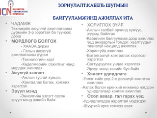 ЗОРИУЛАЛТ:КАБЕЛЬ ШУГМЫН

                         БАЙГУУЛАМЖИНД АЖИЛЛАХ ИТА
•   ЧАДАМЖ                            •   ХОРИГЛОХ ЗҮЙЛ
    Техникийн аюулгүй ажиллагааны         -Ажлын талбай орчинд хүмүүс,
    дүрмийн 3-р зэрэгтэй ба түүнээс        хүүхэд байлгах
    дээш
                                          -Кабелийн байгууламж дээр ажиллах
•   МӨРДЛӨГӨ БОЛГОХ                        үед анхаарлын тэмдэг, хаалтуудыг
         - ХААЭА дүрэм                     тавиагүй нөхцөлд ажиллах
         - Галын аюулгүй                  -Харангуйд ажиллах
    ажиллагааны дүрэм                     -Баталгаагүй хамгаалах хэрэгсэл
         -Технологийн карт                 хэрэглэх
         -Хөдөлмөрийн сахилгыг чанд       -Согтууруулах ундаа хэрэглэх
    мөрдөж ажиллах                        -Эрүүл мэнд хэвийн бус байх
•   Аюулгүй хангалт                   •   Хяналт удирдлага
         -Ажлын тусгай хувцас          -Үзлэг хийх үед 2-с доошгүй ажилтан
         -Хамгаалах багаж, хэмжих         ажиллах
    хэрэгсэл                          -Ахлах болон ерөнхий инженер нэгдсэн
•   Эрүүл мэнд                            удирдлагаар хангаж ажиллах
        -Эмнэлгийн үзлэгт орсон       •   Осол аваар, гал гарах үед
    эрүүл мэнд хэвийн байх.           -Удирдлагадаа яаралтай мэдэгдэх
                                      -Шуурхай арга хэмжээ авах
 