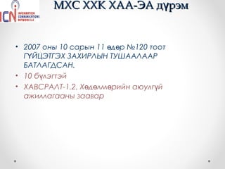 МХС ХХК ХАА-ЭА дүрэм


• 2007 оны 10 сарын 11 өдөр №120 тоот
  ГҮЙЦЭТГЭХ ЗАХИРЛЫН ТУШААЛААР
  БАТЛАГДСАН.
• 10 бүлэгтэй
• ХАВСРАЛТ-1.2. Хөдөлмөрийн аюулгүй
  ажиллагааны заавар
 