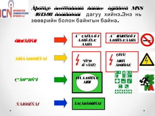 Àþóëã¿é àæ èëëàãààíû ñàíàìæ òýìäãèéã MNS
        4643-98 ñòàíäàðòûí дагуу хийнэ .Энэ нь
       зөөврийн болон байнгын байна .

                      Á¯¯ ÇÀË Õ¯Í
                              ÃÀ     Á¯¯ ÎÍÃÎÉ ÃÎ Õ¯Í
                                              Ë
ÕÎÐÈ ÎÑÎÍ
    ÃË                 ÀÆ Ë Ë
                           È - ÀÆ    ÀÆ Ë ÀÆÁÀÉ
                                       ÈË          ÍÀ
                          ÁÀÉ ÍÀ


                                         ÇÎÃÑ!
ÀÍÕÀÀÐÓÓËÑÀÍ             ªÍÄªÐ          ÀÌÈÍÄ
                         Õ¯×ÄÝË!        ÀÞ ÒÀÉ
                                          ÓË


                      ÝÍÄ ÀÆ Ë ÀÆ
                            ÈË
ÇªÂØªªÐÑªÍ
                          ÁÎËÍÎ




ÑÀÍÓÓËÑÀÍ             ÃÀÇÀÐÄÓÓËÑÀÍ
 