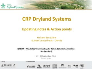 CRP Dryland Systems 
Updating notes & Action points 
Hichem Ben Salem 
ICARDA’s Focal Point - CRP-DS 
ICARDA – NCARE Technical Meeting for Tafilah-Salamieh Action Site 
(Jordan sites) 
21 - 22 September, 2014 
Amman, Jordan 
1 
 