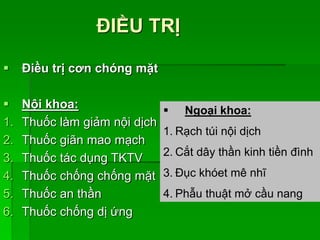 ĐIỀU TRỊ
 Điều trị cơn chóng mặt
 Nội khoa:
1. Thuốc làm giảm nội dịch
2. Thuốc giãn mao mạch
3. Thuốc tác dụng TKTV
4. Thuốc chống chống mặt
5. Thuốc an thần
6. Thuốc chống dị ứng
 Ngoại khoa:
1. Rạch túi nội dịch
2. Cắt dây thần kinh tiền đình
3. Đục khóet mê nhĩ
4. Phẫu thuật mở cầu nang
 