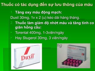 Thuốc có tác dụng đến sự lưu thông của máu
1. Tăng oxy máu động mạch:
Duxil 30mg, 1v x 2 (u) kéo dài hàng tháng.
2. Thuốc làm giảm độ nhớt máu và tăng tính co
giãn hồng cầu:
 Torental 400mg, 1-3viên/ngày
 Hay Stugerol 30mg, 3 viên/ngày
 