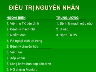 ĐIỀU TRỊ NGUYÊN NHÂN
NGOẠI BIÊN
1. Viêm, u TK tiền đình
2. Bệnh lý thạch nhĩ
3. Nhiễm độc
4. Rò ngoại dịch tai trong
5. Bệnh lý chuyển hóa
6. Viêm tai
7. Xốp xơ tai
8. Lỏng khớp bàn đạp tiền đình
9. Hội chứng Meniere
TRUNG ƯƠNG
1. Bệnh lý mạch máu não
2. U não
3. Bệnh TKTW
 