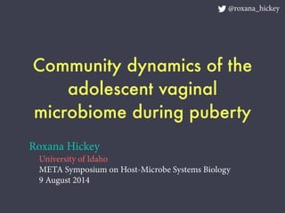 Community dynamics of the
adolescent vaginal
microbiome during puberty
Roxana Hickey
University of Idaho
META Symposium on Host-Microbe Systems Biology
9 August 2014
@roxana_hickey
 