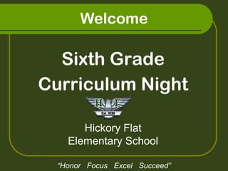 Welcome

  Sixth Grade
Curriculum Night

       Hickory Flat
    Elementary School

  “Honor Focus Excel Succeed”
 