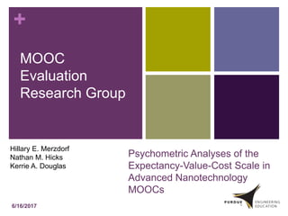+
Psychometric Analyses of the
Expectancy-Value-Cost Scale in
Advanced Nanotechnology
MOOCs
MOOC
Evaluation
Research Group
Hillary E. Merzdorf
Nathan M. Hicks
Kerrie A. Douglas
6/16/2017
 