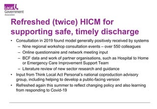 Refreshed (twice) HICM for
supporting safe, timely discharge
• Consultation in 2019 found model generally positively received by systems
– Nine regional workshop consultation events – over 550 colleagues
– Online questionnaire and network meeting input
– BCF data and work of partner organisations, such as Hospital to Home
or Emergency Care Improvement Support Team
– Literature review of new sector research and guidance
• Input from Think Local Act Personal’s national coproduction advisory
group, including helping to develop a public-facing version
• Refreshed again this summer to reflect changing policy and also learning
from responding to Covid-19
 