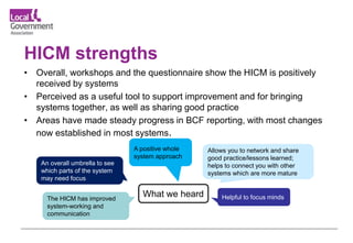 HICM strengths
• Overall, workshops and the questionnaire show the HICM is positively
received by systems
• Perceived as a useful tool to support improvement and for bringing
systems together, as well as sharing good practice
• Areas have made steady progress in BCF reporting, with most changes
now established in most systems.
What we heard
The HICM has improved
system-working and
communication
Helpful to focus minds
A positive whole
system approach
An overall umbrella to see
which parts of the system
may need focus
Allows you to network and share
good practice/lessons learned;
helps to connect you with other
systems which are more mature
 