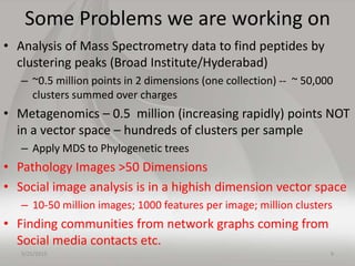 Some Problems we are working on
• Analysis of Mass Spectrometry data to find peptides by
clustering peaks (Broad Institute...