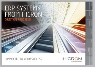 WHATIS
THEERPSYSTEM?
ERPMODULAR
STRUCTURE
ERPSYSTEMS
–FORWHOM?
FEATURESBENEFITSCHOOSINGYOUR
IMPLEMENTATION
PARTNER
REFERENCES/OUR
IMPLEMENTATIONS
CONNECTED BY YOUR SUCCESS
ERP SYSTEMS
FROM HICRON
DIRECTION:PROGRESS!
 