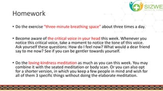 Homework
• Do the exercise “three-minute breathing space” about three times a day.
• Become aware of the critical voice in your head this week. Whenever you
notice this critical voice, take a moment to notice the tone of this voice.
Ask yourself these questions: How do I feel now? What would a dear friend
say to me now? See if you can be gentler towards yourself.
• Do the loving-kindness meditation as much as you can this week. You may
combine it with the seated meditation or body scan. Or you can also opt
for a shorter version, in which you keep a few people in mind and wish for
all of them 3 specific things without doing the elaborate meditation.
 