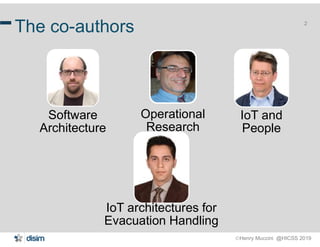 Henry Muccini @HICSS 2019
2
The co-authors
Software
Architecture
Operational
Research
IoT and
People
IoT architectures for
Evacuation Handling
 