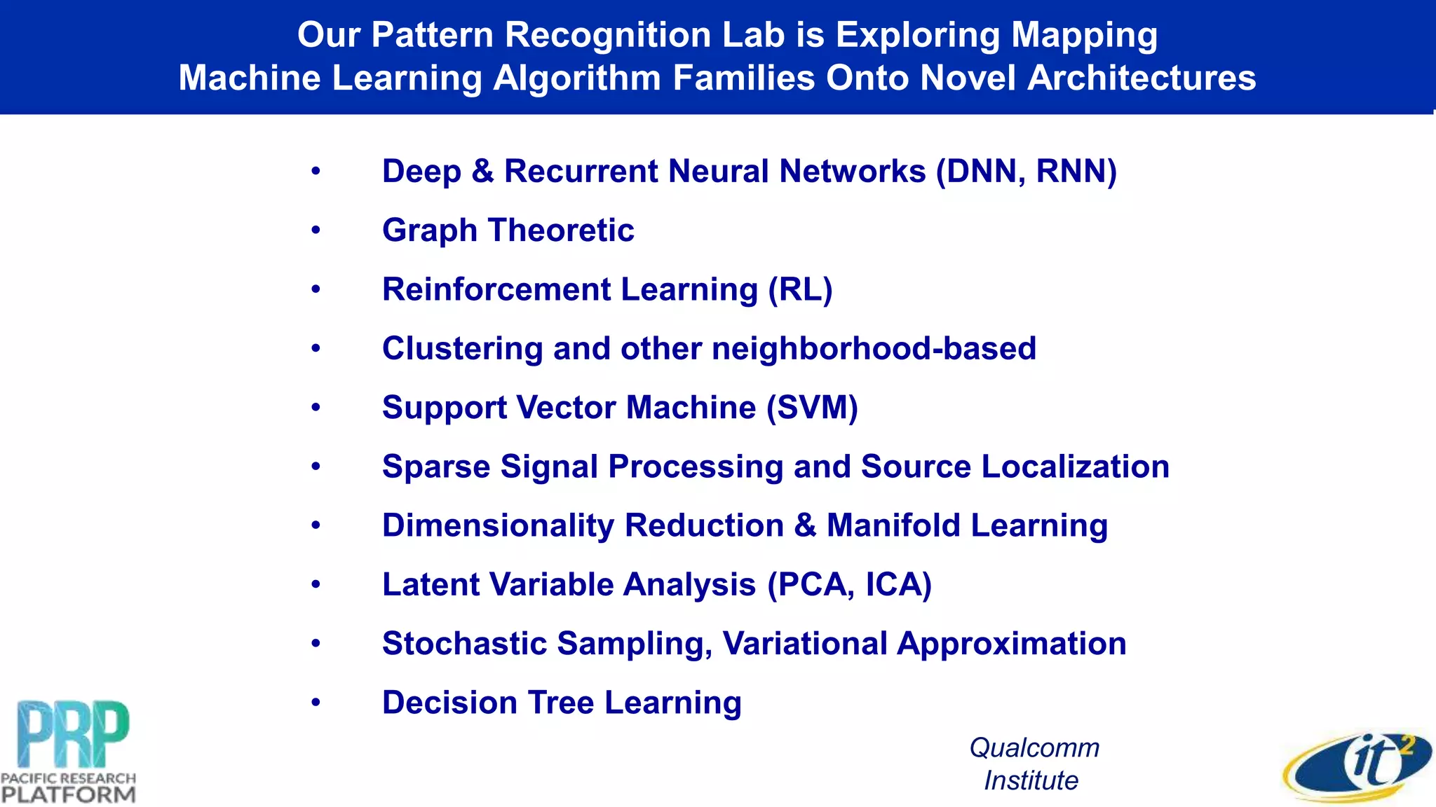 Our Pattern Recognition Lab is Exploring Mapping
Machine Learning Algorithm Families Onto Novel Architectures
Qualcomm
Institute
• Deep & Recurrent Neural Networks (DNN, RNN)
• Graph Theoretic
• Reinforcement Learning (RL)
• Clustering and other neighborhood-based
• Support Vector Machine (SVM)
• Sparse Signal Processing and Source Localization
• Dimensionality Reduction & Manifold Learning
• Latent Variable Analysis (PCA, ICA)
• Stochastic Sampling, Variational Approximation
• Decision Tree Learning
 