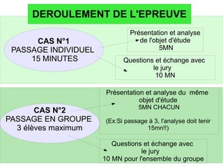 DEROULEMENT DE L'EPREUVE
CAS N°1
PASSAGE INDIVIDUEL
15 MINUTES
Présentation et analyse
de l'objet d'étude
5MN
Questions et échange avec
le jury
10 MN
CAS N°2
PASSAGE EN GROUPE
3 élèves maximum
Présentation et analyse du même
objet d'étude
5MN CHACUN
(Ex:Si passage à 3, l'analyse doit tenir
15mn!!)
Questions et échange avec
le jury
10 MN pour l'ensemble du groupe
 