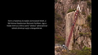Fenn a hatalmas és baljós vízmosások felett, a
Dél-Koreai Daedunsan Nemzeti Parkban, úgy a
hidak mint ez a létra-szerű "sétány" adrenalinnal
töltött élményt nyújt a látogatóknak.
 