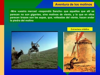 Aventura de los molinos
-Mire vuestra merced –respondió Sancho- que aquellos que allí se
parecen no son gigantes, sino molinos de viento, y lo que en ellos
parecen brazos son las aspas, que, volteadas del viento, hacen andar
la piedra del molino
Estructura triádica
 