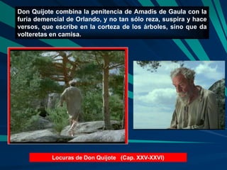 Locuras de Don Quijote (Cap. XXV-XXVI)
Don Quijote combina la penitencia de Amadís de Gaula con la
furia demencial de Orlando, y no tan sólo reza, suspira y hace
versos, que escribe en la corteza de los árboles, sino que da
volteretas en camisa.
 