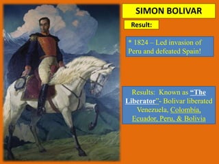 SIMON BOLIVAR
* 1824 – Led invasion of
Peru and defeated Spain!
Results: Known as “The
Liberator”- Bolivar liberated
Venezuela, Colombia,
Ecuador, Peru, & Bolivia
Result:
 