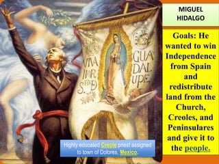 MIGUEL
HIDALGO
Goals: He
wanted to win
Independence
from Spain
and
redistribute
land from the
Church,
Creoles, and
Peninsulares
and give it to
the people.Highly educated Creole priest assigned
to town of Dolores, Mexico.
 
