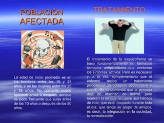 POBLACIÓN  AFECTADA La edad de inicio promedio es en los hombres entre los 15 y 25 años, y en las mujeres entre los 25 y 35 años. No obstante puede aparecer antes o después, aunque es poco frecuente que surja antes de los 10 años o después de los 50 años.  El tratamiento de la esquizofrenia se basa fundamentalmente en fármacos llamados antipsicóticos que controlan los síntomas activos. Pero es necesario y, a la vez, complementario que el enfermo reciba un tratamiento psicosocial (psicológico, ocupacional y social). Es fundamental que la persona deje de alucinar, de delirar, pero también lo es que recupere sus hábitos de vida, que esté  ocupado durante todo el día, que tenga su grupo de amigos, es decir, la integración en la sociedad, la normalización.  TRATAMIENTO 