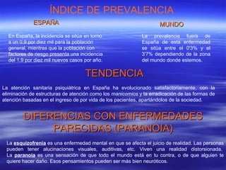 ÍNDICE DE PREVALENCIA  En España, la incidencia se sitúa en torno a un 0,9 por diez mil para la población general, mientras que la población con factores de riesgo presenta una incidencia del 1,9 por diez mil nuevos casos por año. La prevalencia fuera de España de esta enfermedad se sitúa entre el 0'3% y el 3'7% dependiendo de la zona del mundo donde estemos.  TENDENCIA La atención sanitaria psiquiátrica en España ha evolucionado satisfactoriamente, con la eliminación de estructuras de atención como los  manicomios  y la erradicación de las formas de atención basadas en el ingreso de por vida de los pacientes, apartándolos de la sociedad.  ESPAÑA MUNDO DIFERENCIAS CON ENFERMEDADES PARECIDAS (PARANOIA) La  esquizofrenia  es una enfermedad mental en que se afecta el juicio de realidad. Las personas pueden tener alucinaciones visuales, auditivas, etc. Viven una realidad distorsionada.  La  paranoia  es una sensación de que todo el mundo está en tu contra, o de que alguien te quiere hacer daño. Esos pensamientos pueden ser más bien neuróticos. 