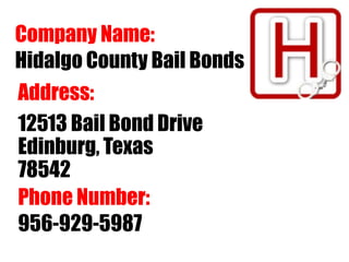 Hidalgo County Bail Bonds
Company Name:
Address:
12513 Bail Bond Drive
Edinburg, Texas
78542
Phone Number:
956-929-5987
 