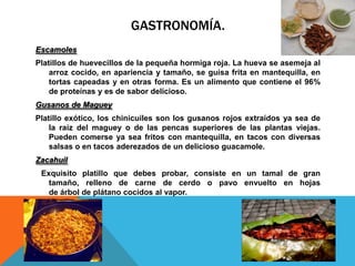GASTRONOMÍA.
Escamoles
Platillos de huevecillos de la pequeña hormiga roja. La hueva se asemeja al
    arroz cocido, en apariencia y tamaño, se guisa frita en mantequilla, en
    tortas capeadas y en otras forma. Es un alimento que contiene el 96%
    de proteínas y es de sabor delicioso.
Gusanos de Maguey
Platillo exótico, los chinicuiles son los gusanos rojos extraídos ya sea de
    la raíz del maguey o de las pencas superiores de las plantas viejas.
    Pueden comerse ya sea fritos con mantequilla, en tacos con diversas
    salsas o en tacos aderezados de un delicioso guacamole.
Zacahuil
 Exquisito platillo que debes probar, consiste en un tamal de gran
   tamaño, relleno de carne de cerdo o pavo envuelto en hojas
   de árbol de plátano cocidos al vapor.
 