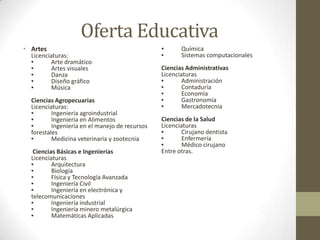 Oferta Educativa
• Artes                                         ▪      Química
  Licenciaturas:                                ▪      Sistemas computacionales
  ▪       Arte dramático
  ▪       Artes visuales                        Ciencias Administrativas
  ▪       Danza                                 Licenciaturas
  ▪       Diseño gráfico                        ▪       Administración
  ▪       Música                                ▪       Contaduría
                                                ▪       Economía
  Ciencias Agropecuarias                        ▪       Gastronomía
  Licenciaturas:                                ▪       Mercadotecnia
  ▪       Ingeniería agroindustrial
  ▪       Ingeniería en Alimentos               Ciencias de la Salud
  ▪       Ingeniería en el manejo de recursos   Licenciaturas
  forestales                                    ▪       Cirujano dentista
  ▪       Medicina veterinaria y zootecnia      ▪       Enfermería
                                                ▪       Médico cirujano
   Ciencias Básicas e Ingenierías               Entre otras.
  Licenciaturas
  ▪       Arquitectura
  ▪       Biología
  ▪       Física y Tecnología Avanzada
  ▪       Ingeniería Civil
  ▪       Ingeniería en electrónica y
  telecomunicaciones
  ▪       Ingeniería industrial
  ▪       Ingeniería minero metalúrgica
  ▪       Matemáticas Aplicadas
 