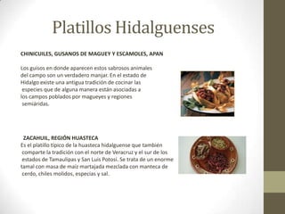 Platillos Hidalguenses
CHINICUILES, GUSANOS DE MAGUEY Y ESCAMOLES, APAN 

Los guisos en donde aparecen estos sabrosos animales
del campo son un verdadero manjar. En el estado de
Hidalgo existe una antigua tradición de cocinar las
 especies que de alguna manera están asociadas a
los campos poblados por magueyes y regiones
 semiáridas.




  ZACAHUIL, REGIÓN HUASTECA
Es el platillo típico de la huasteca hidalguense que también
 comparte la tradición con el norte de Veracruz y el sur de los
 estados de Tamaulipas y San Luis Potosí. Se trata de un enorme
tamal con masa de maíz martajada mezclada con manteca de
 cerdo, chiles molidos, especias y sal.
 