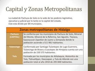 Capital y Zonas Metropolitanas
 La ciudad de Pachuca de Soto es la sede de los poderes legislativo,
 ejecutivo y judicial por lo tanto es la capital del estado.
 Este esta divido por 84 municipios.

              Zonas metropolitanas de Hidalgo
   Pachuca      Se conforma por los municipios de Pachuca de Soto, Mineral
  (CAPITAL)     del Monte, Mineral de la Reforma, San Agustin, Tlaxiaca,
                Epazoyucan Zapotlan de Juarez y Zempoala donde la
                población asciende a 511 981 habitantes.
 Tulancingo     Conformada por Santiago Tulantepec de Lugo Guerrero,
                Tulancingo de Bravo y Cuautepec de Hinojosa cuenta con una
                población de 239 575 habitantes.
     Tula       Formada por los municipios de Atitalaquia, Atotonilco de
                Tula, Tlahuelilpan, tlaxcoapan, y Tula de Allende con una
                población total al año 2010 de 205 848 habitantes.
 