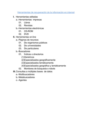 Herramientas de recuperación de la información en internet
I. Herramientas editadas
a.- Herramientas impresas
01. Libros
02. Revistas
b.- Herramientas electrónicas
01. CD-ROM
02. DVD
II. Herramientas on-line
a.- Páginas de recursos
01. De organismos públicos
02. De universidades
03. De particulares
b.- Buscadores
01. Índices o directorios
(1) Genéricos
(2) Especializados geográficamente
(3) Especializados temáticamente
(4) Especializados geográfica y temáticamente
02. Monitores de búsqueda o robots
III. Consultas a múltiples bases de datos
a.- Multibuscadores
b.- Metabuscadores
c.- Agentes

 
