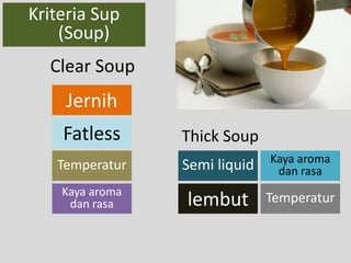 Kriteria Sup 
(Soup) 
Clear Soup 
Jernih 
Fatless 
Temperatur 
Kaya aroma 
dan rasa 
Thick Soup 
Kaya aroma 
dan rasa 
Semi liquid 
lembut 
Temperatur 
 