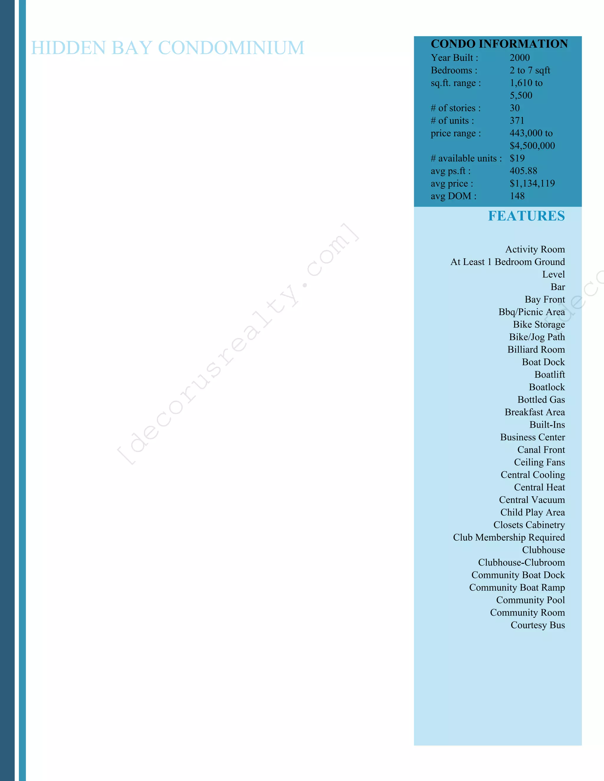 CONDO INFORMATION
HIDDEN BAY CONDOMINIUM         Year Built :        2000
                               Bedrooms :          2 to 7 sqft
                               sq.ft. range :      1,610 to
                                                   5,500
                               # of stories :      30
                               # of units :        371
                               price range :       443,000 to
                                                   $4,500,000
                               # available units : $19
                               avg ps.ft :         405.88
                               avg price :         $1,134,119
                               avg DOM :           148

                                                FEATURES




                           ]
                         om
                                                 Activity Room
                                    At Least 1 Bedroom Ground


                      .c
                                                           Level




                                                                    co
                                                             Bar
                    ty
                                                       Bay Front




                                                           e
                                                Bbq/Picnic Area




                                                        [d
                 al

                                                   Bike Storage
                                                  Bike/Jog Path
               re



                                                  Billiard Room
                                                      Boat Dock
            us




                                                         Boatlift
                                                        Boatlock
          or




                                                    Bottled Gas
                                                 Breakfast Area
       ec




                                                        Built-Ins
                                                Business Center
     [d




                                                    Canal Front
                                                   Ceiling Fans
                                                Central Cooling
                                                    Central Heat
                                                Central Vacuum
                                                Child Play Area
                                               Closets Cabinetry
                                    Club Membership Required
                                                      Clubhouse
                                          Clubhouse-Clubroom
                                         Community Boat Dock
                                        Community Boat Ramp
                                               Community Pool
                                              Community Room
                                                   Courtesy Bus
 