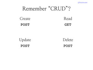 @brainwane
Remember “CRUD”?
Create
POST
Read
GET
Delete
POST
Update
POST
 