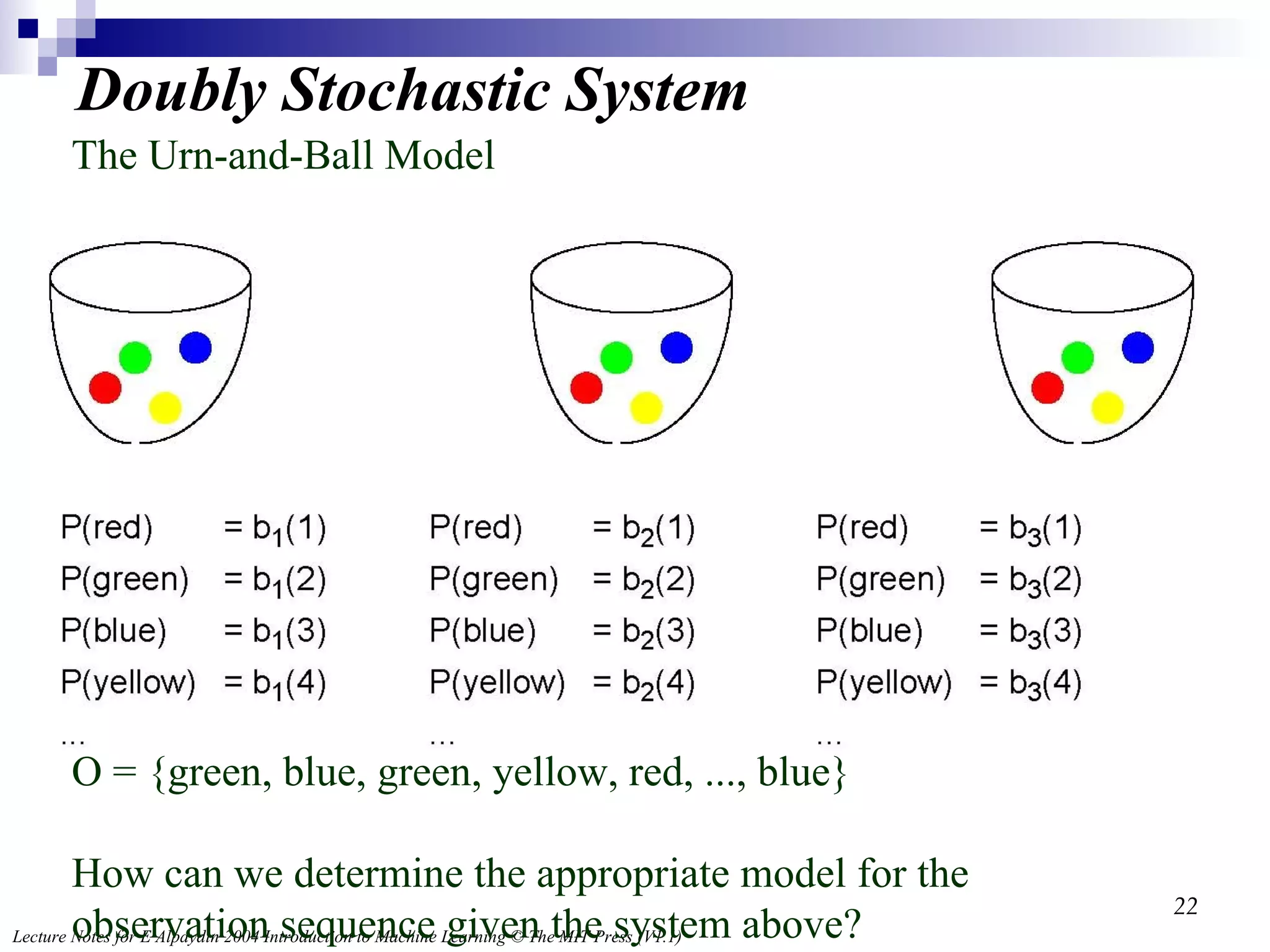 Doubly Stochastic System The Urn-and-Ball Model O = {green, blue, green, yellow, red, ..., blue} How can we determine the appropriate model for the observation sequence given the system above? 