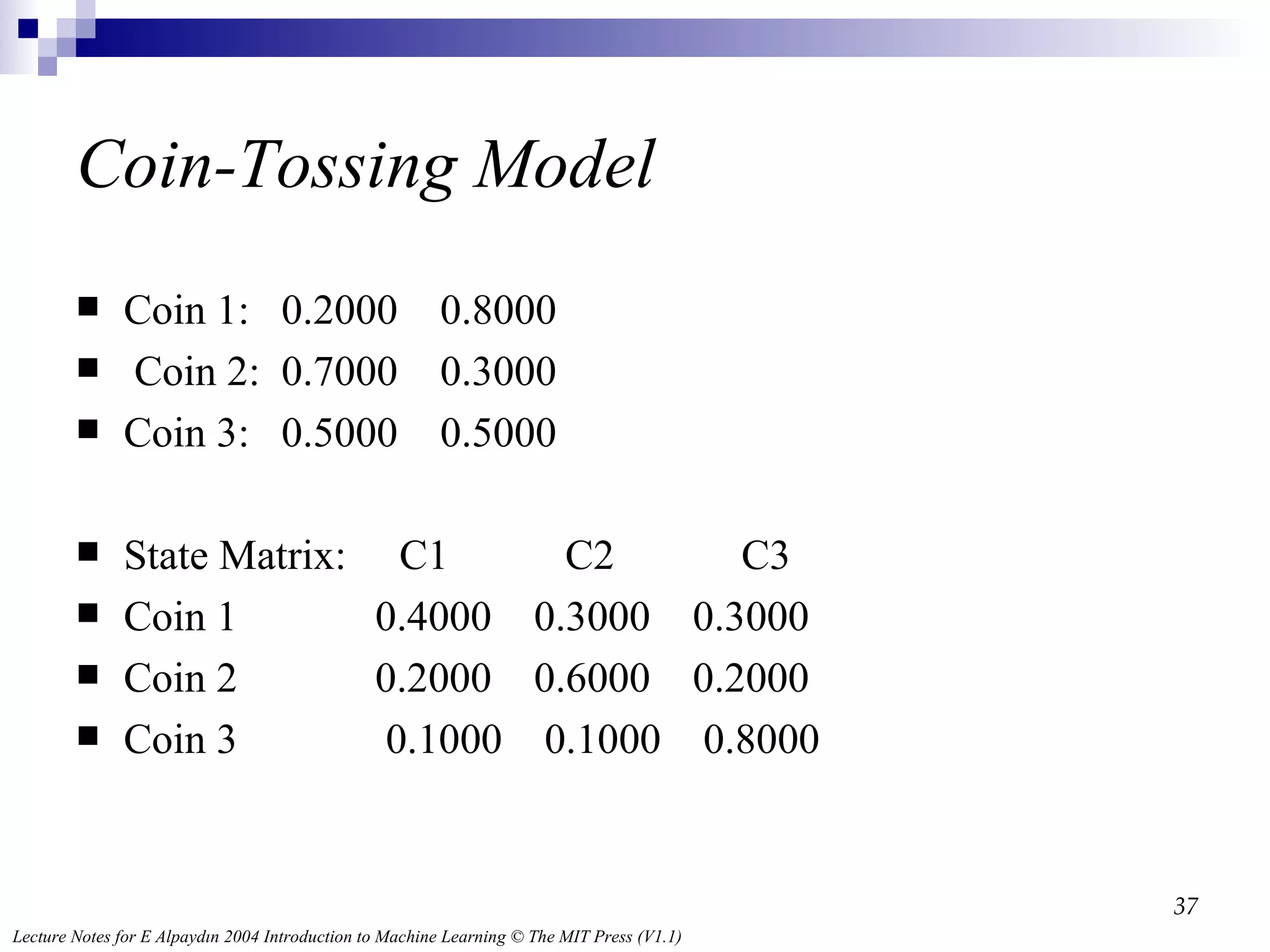 Coin-Tossing Model Coin 1:  0.2000  0.8000  Coin 2:  0.7000  0.3000 Coin 3:  0.5000  0.5000 State Matrix:  C1  C2  C3 Coin 1  0.4000  0.3000  0.3000 Coin 2  0.2000  0.6000  0.2000 Coin 3  0.1000  0.1000  0.8000 