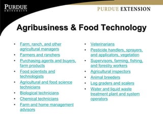 Agribusiness & Food Technology
•   Farm, ranch, and other          •   Veterinarians
    agricultural managers           •   Pesticide handlers, sprayers,
•   Farmers and ranchers                and applicators, vegetation
•   Purchasing agents and buyers,   •   Supervisors, farming, fishing,
    farm products                       and forestry workers
•   Food scientists and             •   Agricultural inspectors
    technologists                   •   Animal breeders
•   Agricultural and food science   •   Log graders and scalers
    technicians                     •   Water and liquid waste
•   Biological technicians              treatment plant and system
•   Chemical technicians                operators
•   Farm and home management
    advisors
 