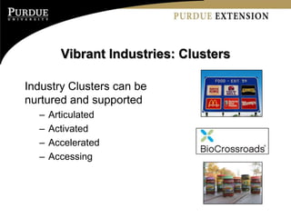Vibrant Industries: Clusters

Industry Clusters can be
nurtured and supported
  –   Articulated
  –   Activated
  –   Accelerated
  –   Accessing
 