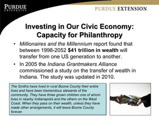 Investing in Our Civic Economy:
           Capacity for Philanthropy
 • Millionaires and the Millennium report found that
   between 1998-2052 $41 trillion in wealth will
   transfer from one US generation to another.
 • In 2005 the Indiana Grantmakers Alliance
   commissioned a study on the transfer of wealth in
   Indiana. The study was updated in 2010.
The Smiths have lived in rural Boone County their entire
lives and have been tremendous stewards of the
community. They have three grown children one of whom
lives in nearby Indianapolis and the others on the West
Coast. When they pass on their wealth, unless they have
made other arrangements, it will leave Boone County
forever.
 