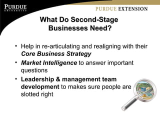 What Do Second-Stage  Businesses Need? Help in re-articulating and realigning with their  Core Business Strategy Market Intelligence  to answer important questions Leadership & management team development  to makes sure people are slotted right 