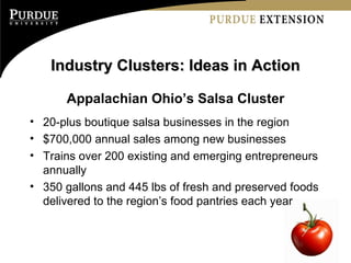 Industry Clusters: Ideas in Action Appalachian Ohio’s Salsa Cluster 20-plus boutique salsa businesses in the region $700,000 annual sales among new businesses Trains over 200 existing and emerging entrepreneurs annually 350 gallons and 445 lbs of fresh and preserved foods delivered to the region’s food pantries each year  