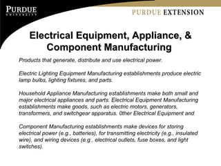 Electrical Equipment, Appliance, & Component Manufacturing  Products that generate, distribute and use electrical power.  Electric Lighting Equipment Manufacturing establishments produce electric lamp bulbs, lighting fixtures, and parts.  Household Appliance Manufacturing establishments make both small and major electrical appliances and parts. Electrical Equipment Manufacturing establishments make goods, such as electric motors, generators, transformers, and switchgear apparatus. 0ther Electrical Equipment and  Component Manufacturing establishments make devices for storing electrical power (e.g., batteries), for transmitting electricity (e.g., insulated wire), and wiring devices (e.g., electrical outlets, fuse boxes, and light switches). 