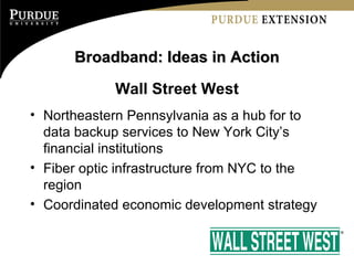 Broadband: Ideas in Action Wall Street West Northeastern Pennsylvania as a hub for to data backup services to New York City’s financial institutions Fiber optic infrastructure from NYC to the region Coordinated economic development strategy 